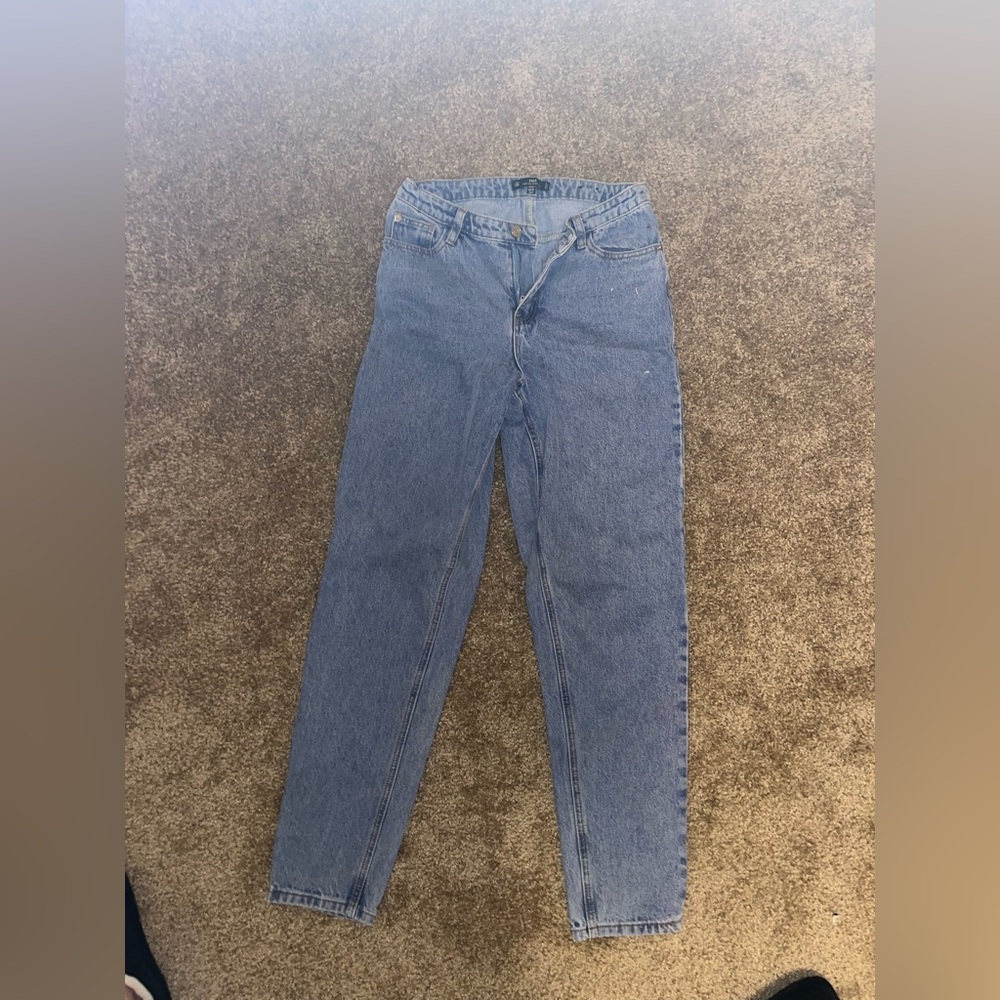 blue high rise mom jeans straight slender leg